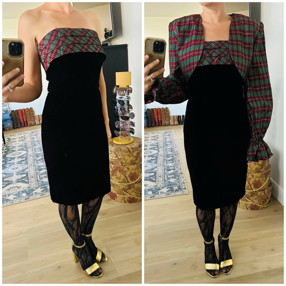 Vintage 80’s/90’s Velvet Strapless Dress & Plaid Jacket Set